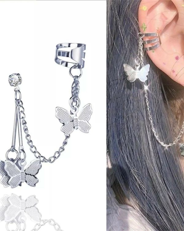 Pinapes beautiful silver butterfly tassels clip ear cuff earring Online