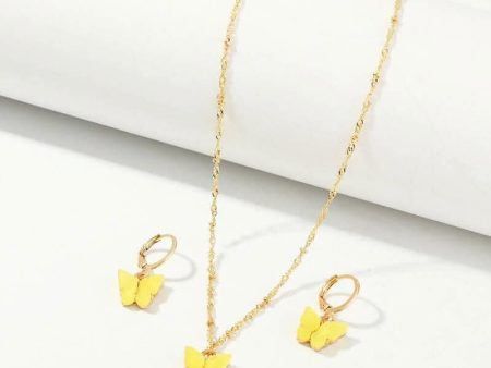 Pinapes Butterfly Hoop Earring Pendant Necklace Acrylic Butterfly Necklace Huggie Drop Earrings Set, Simple Charm Color Suit for Women Teens Girls (Yellow) Discount