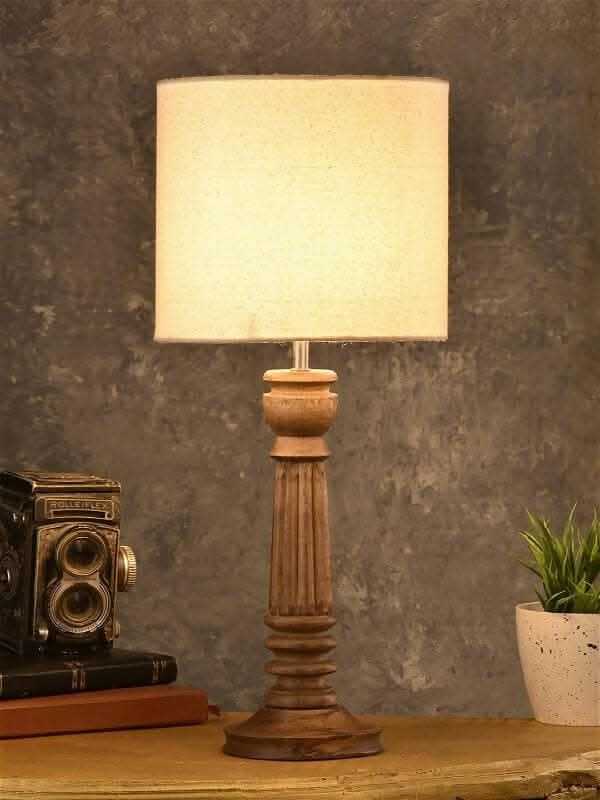 Green Girgit Pillar Brown Lamp With White Cotton Shade Supply