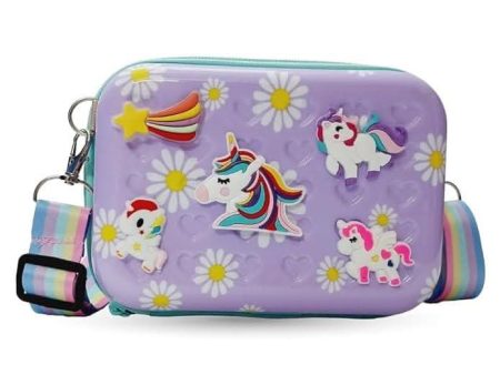 Unicorn Cartoon character waterproof hardcase zipper shoulder bag sling crossbody messenger bag | Stylist Cosmetic Bag | Girls Box Sling Bag | Trendy Suitcase Type Bag For Girls | Kids Sling Bag (Purple colour) Sale