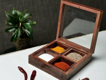 Wooden Spice Box with Transparent lid & 4 Compartments (Square Shape) For Sale